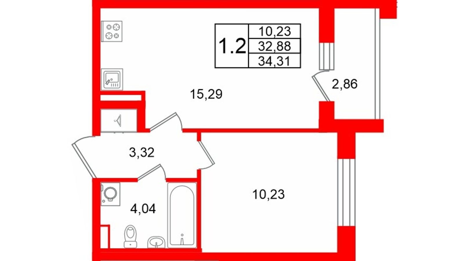 Планировка: 1-комнатная квартира, 32,9 м²