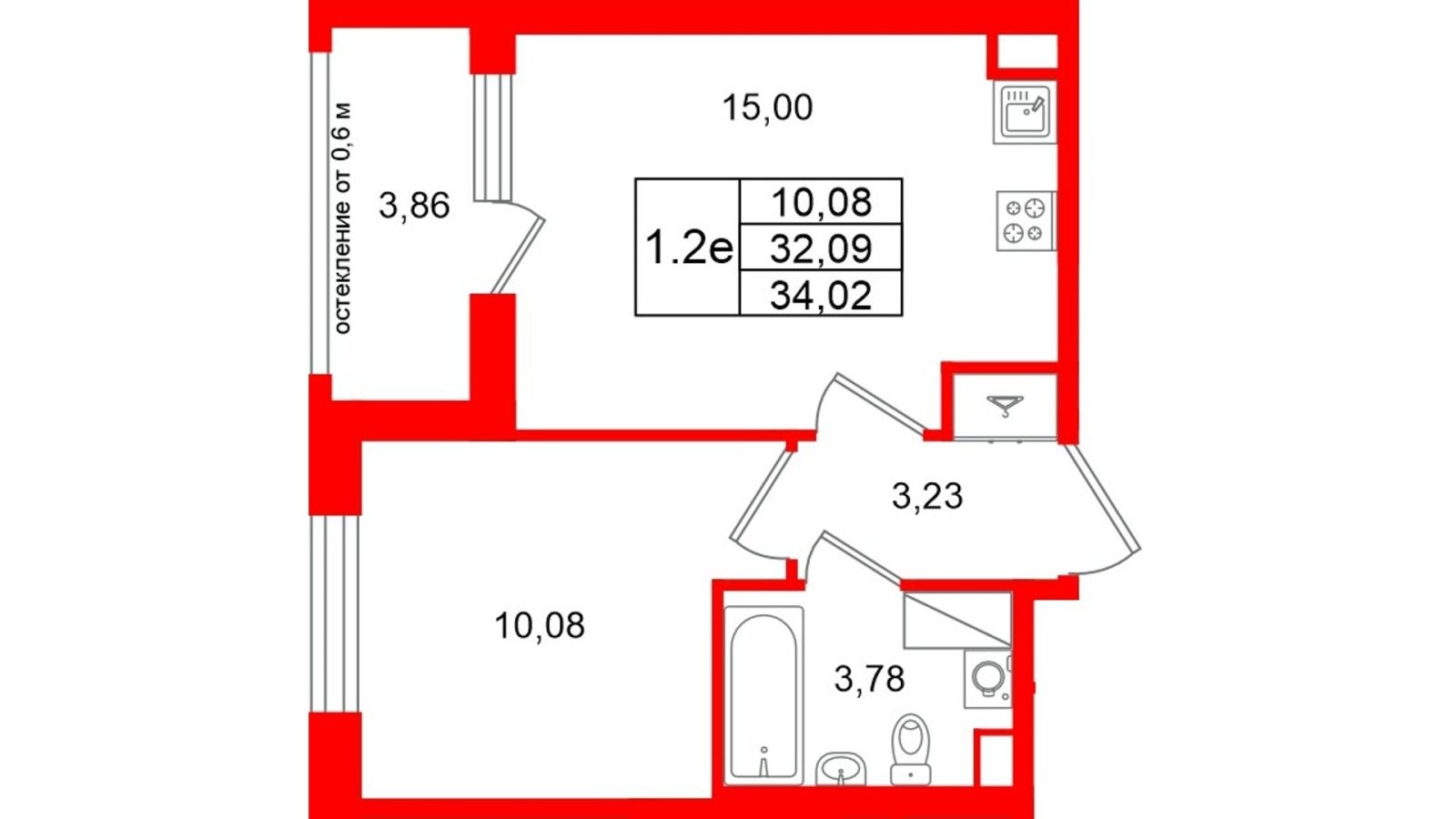 Планировка: 1-комнатная квартира, 32,1 м²