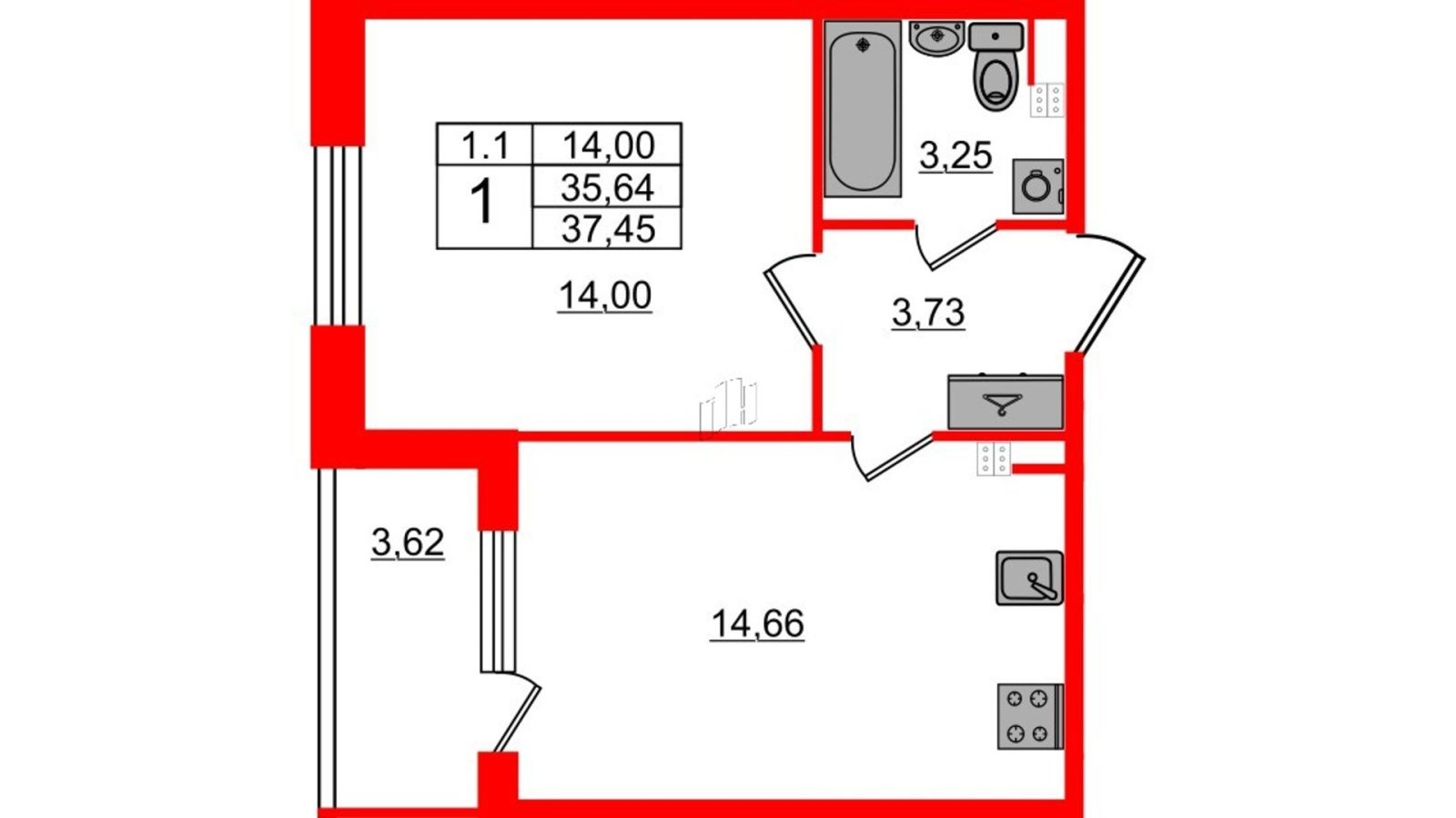 Планировка: 1-комнатная квартира, 35,3 м²