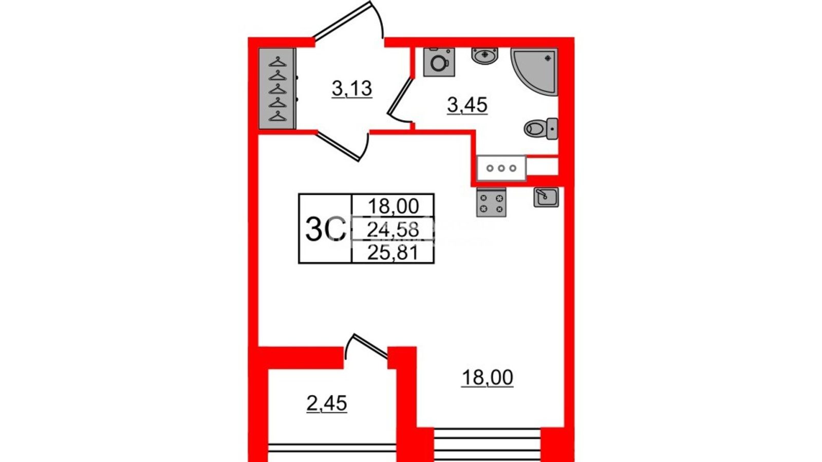 Планировка: студия, 24,6 м²