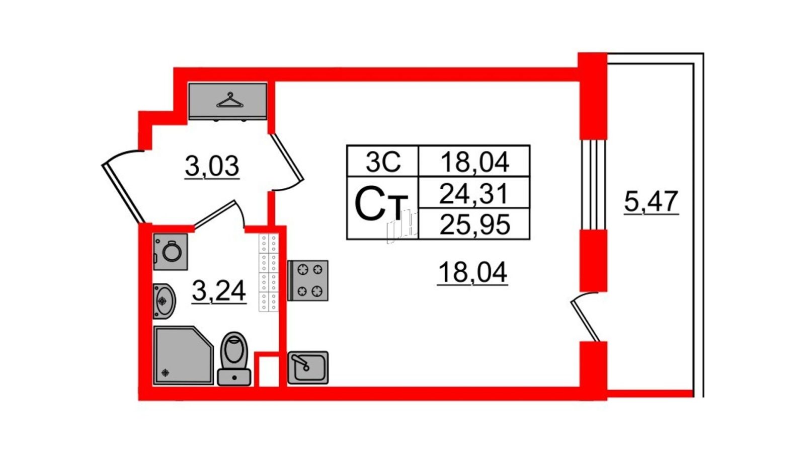 Планировка: студия, 23,9 м²