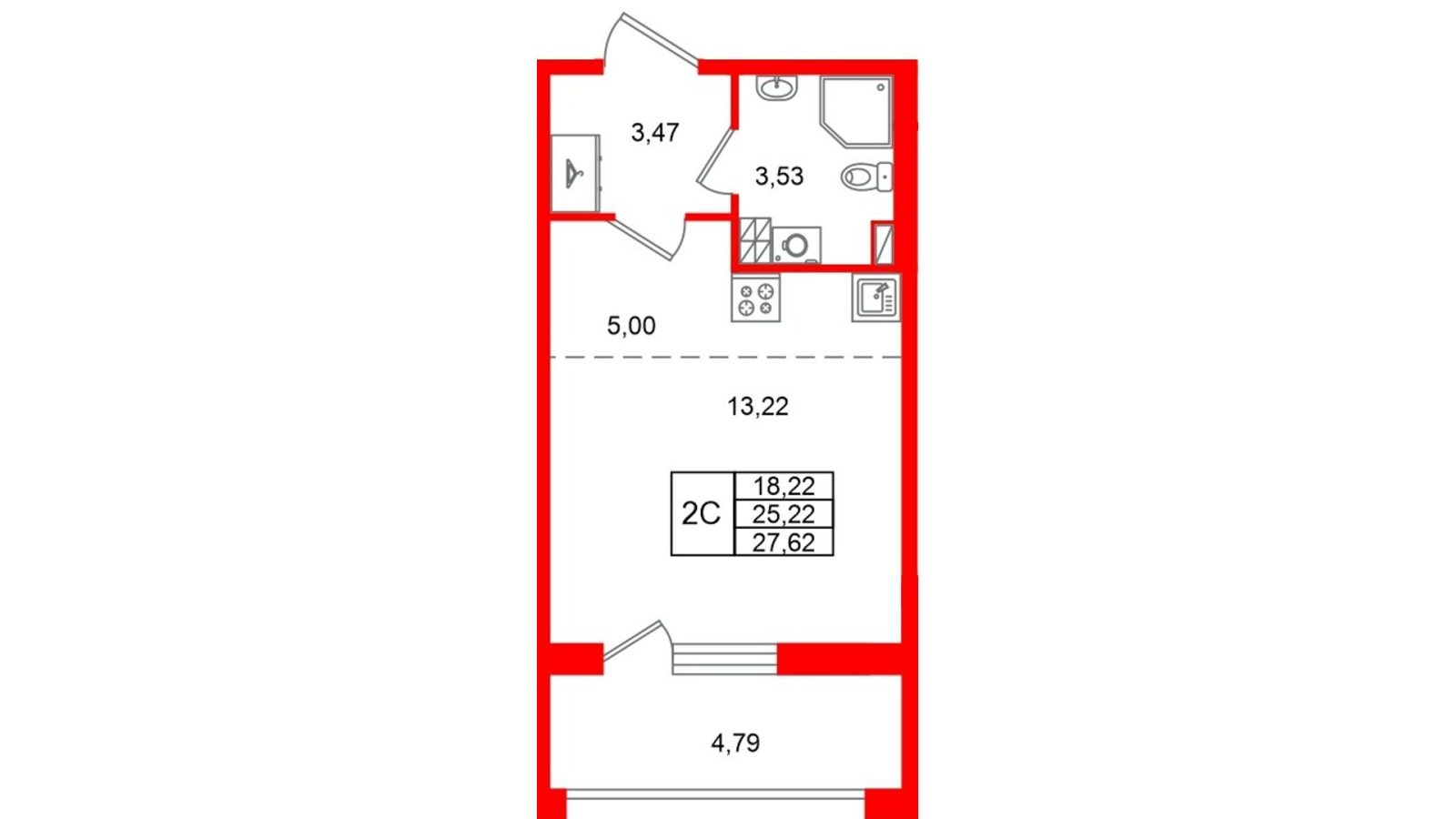Планировка: студия, 25,2 м²