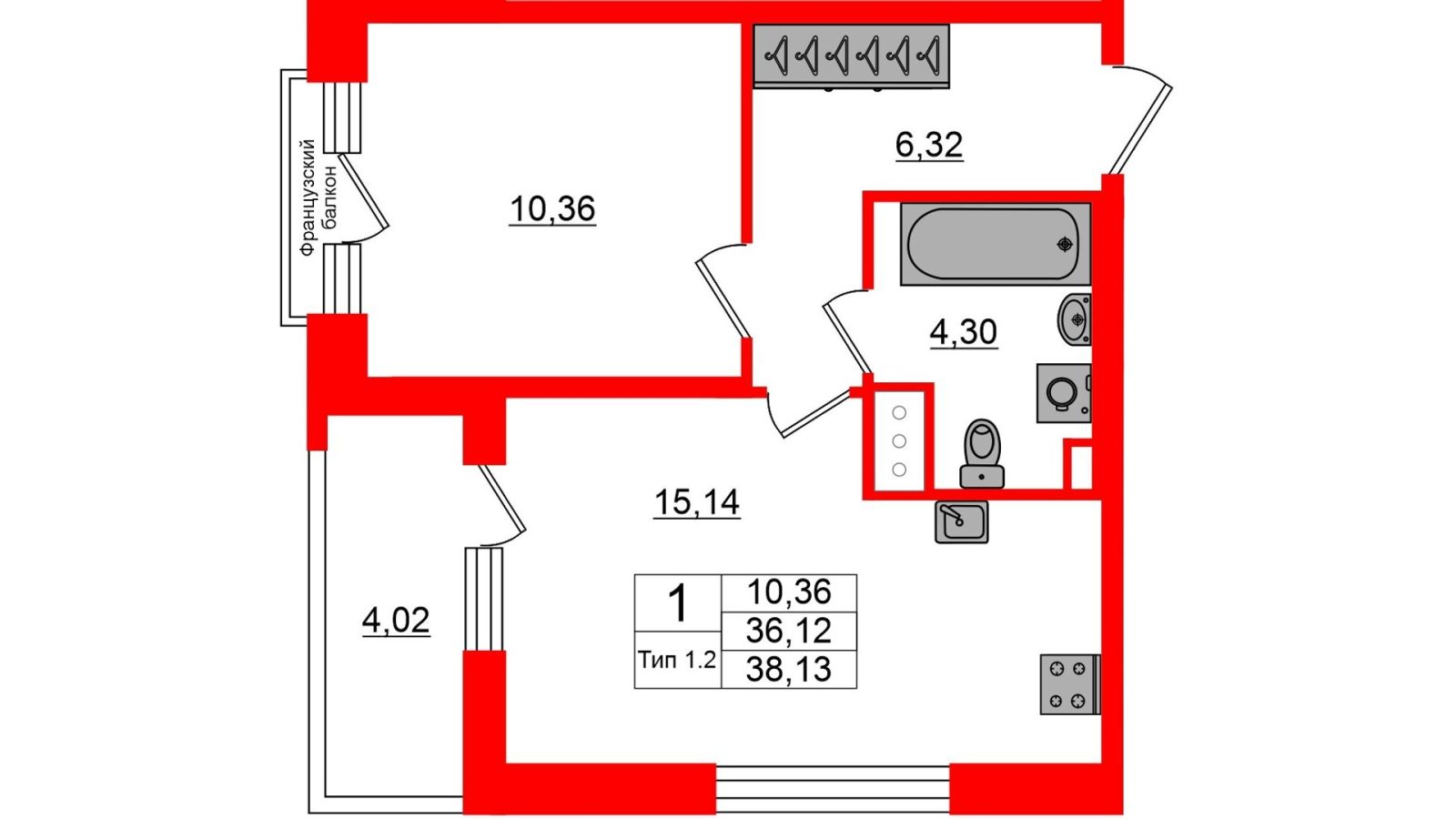 Планировка: 1-комнатная квартира, 36,1 м²
