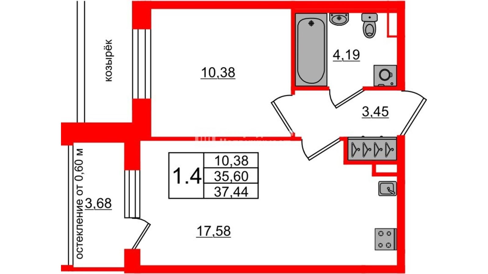 Планировка: 1-комнатная квартира, 35,6 м²