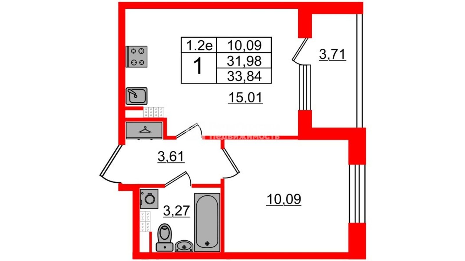 Планировка: 1-комнатная квартира, 31,5 м²