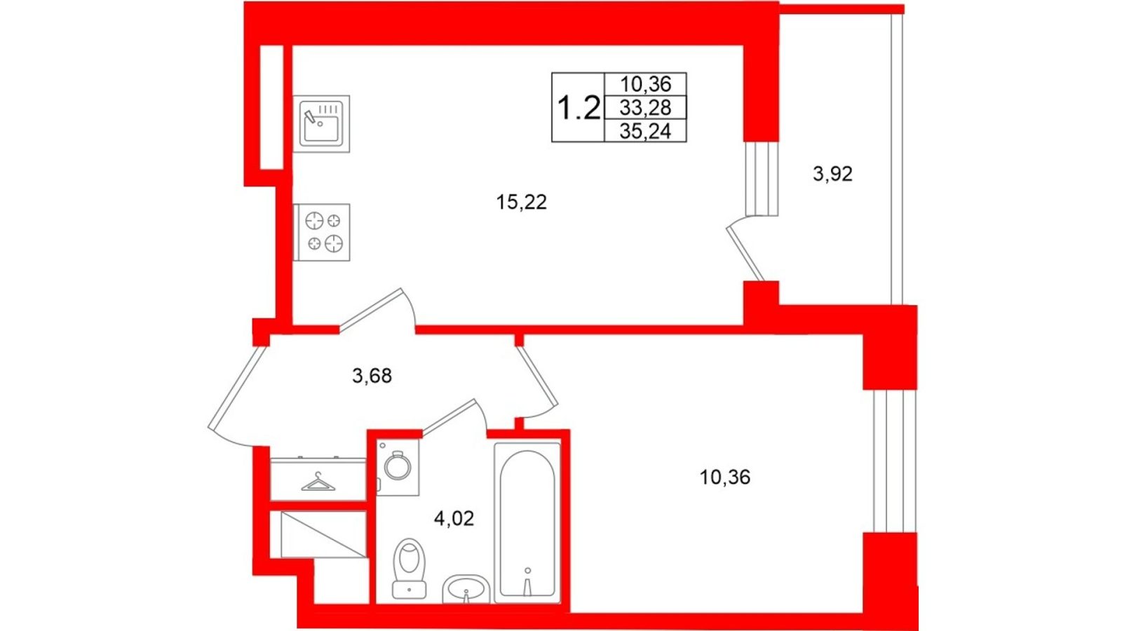 Планировка: 1-комнатная квартира, 33,3 м²
