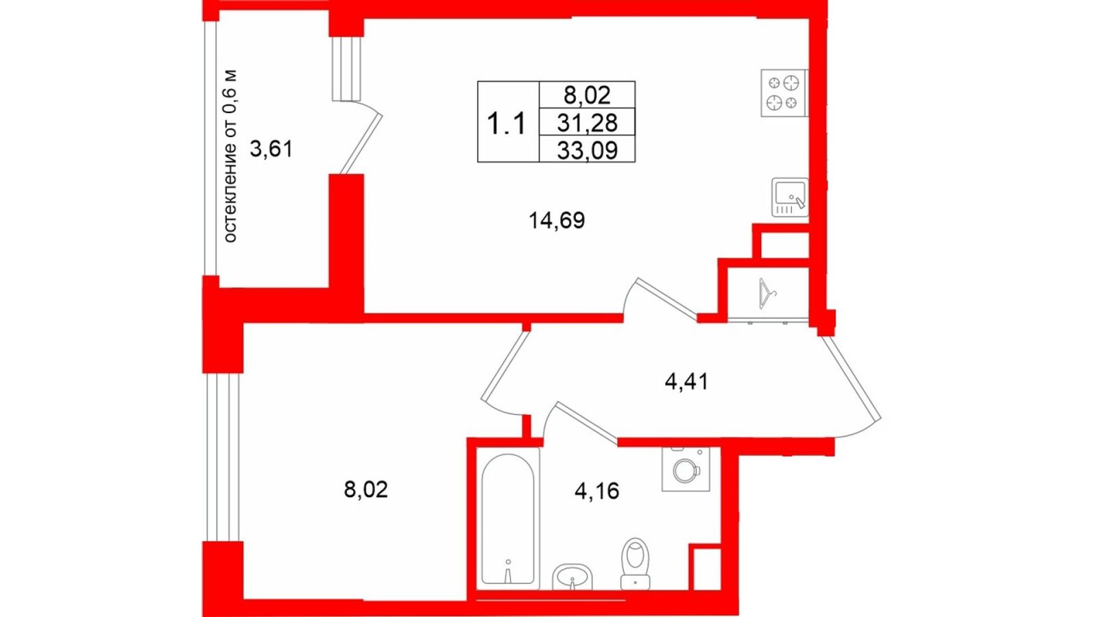 Планировка: 1-комнатная квартира, 31,3 м²