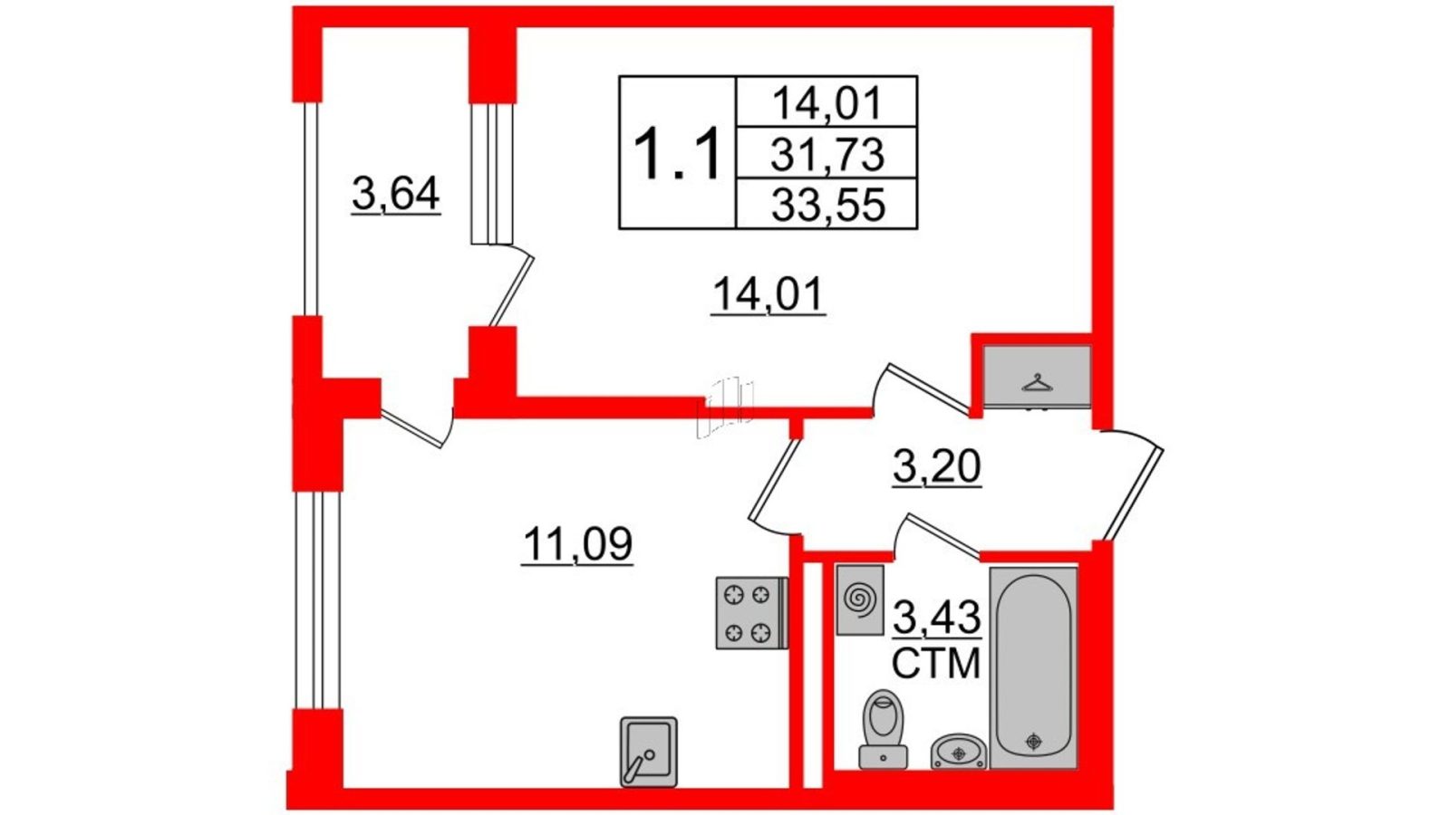 Планировка: 1-комнатная квартира, 31,6 м²