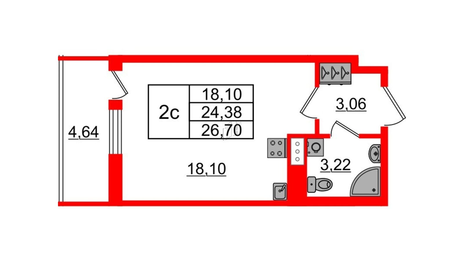 Планировка: студия, 24,4 м²