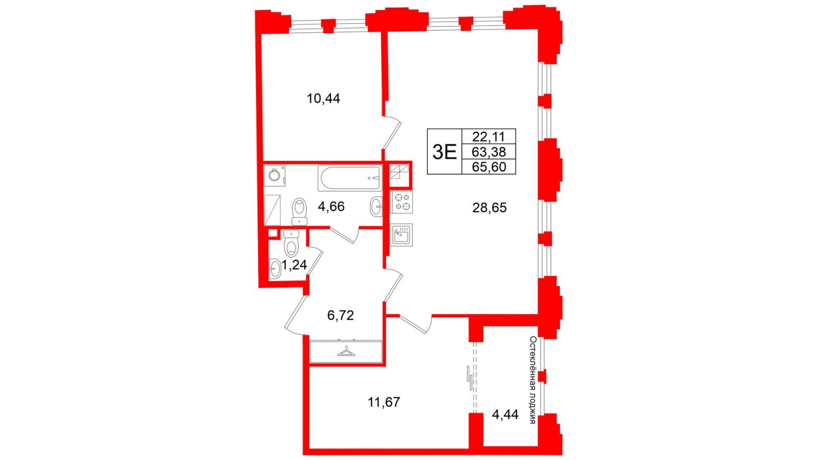 Планировка: 2-комнатная квартира, 63,4 м²