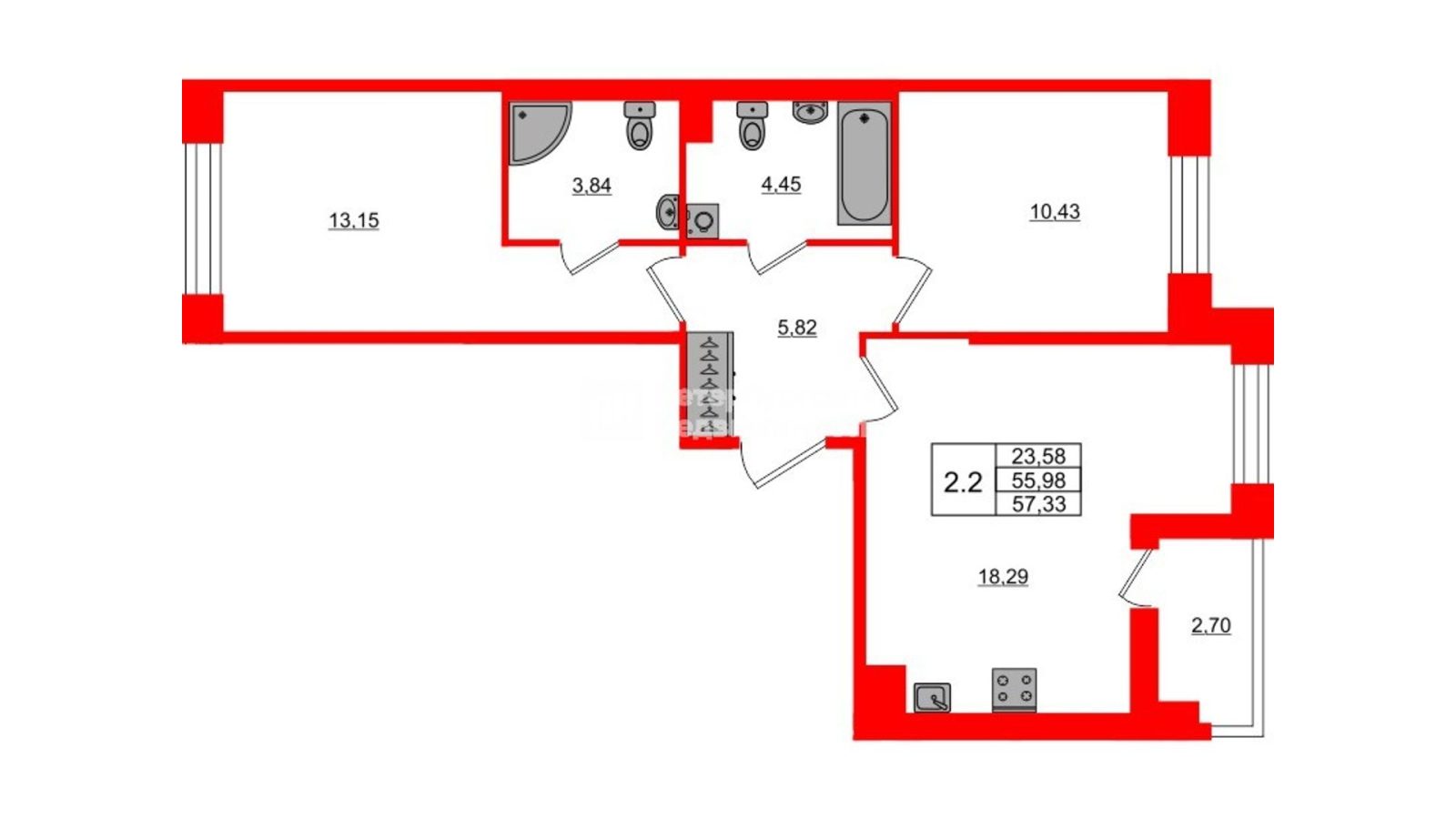 Планировка: 2-комнатная квартира, 56,0 м²