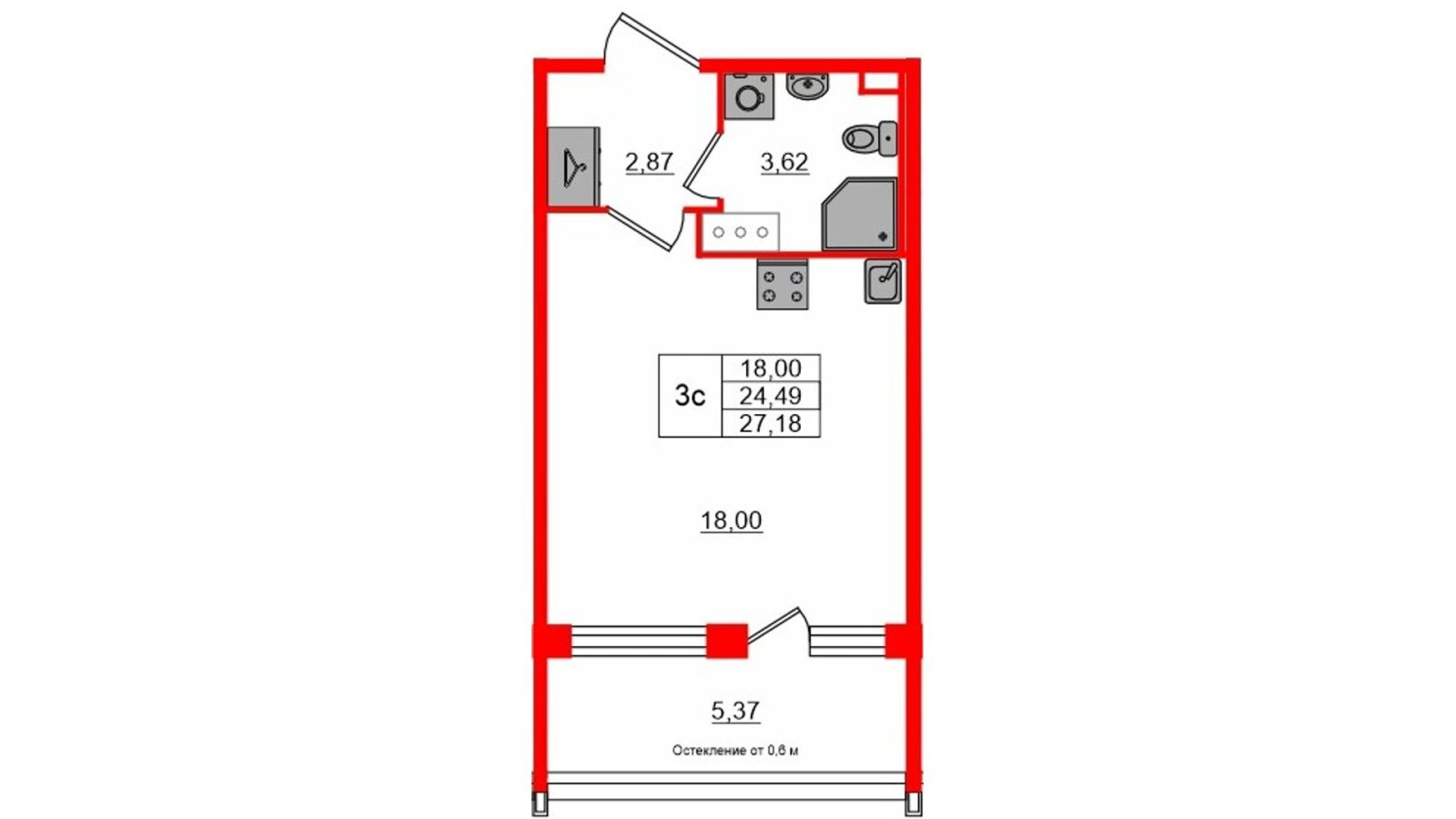 Планировка: студия, 24,5 м²