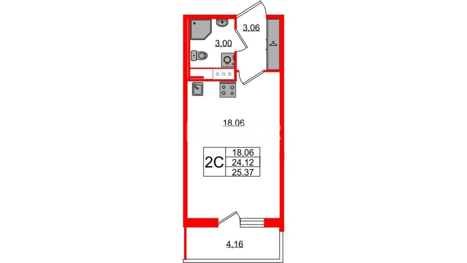 Планировка: студия, 24,1 м²