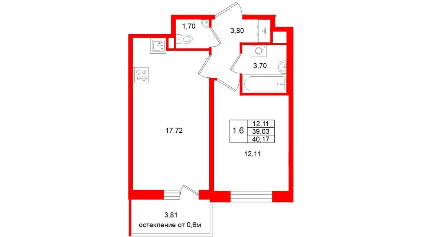 Планировка: 1-комнатная квартира, 39,0 м²