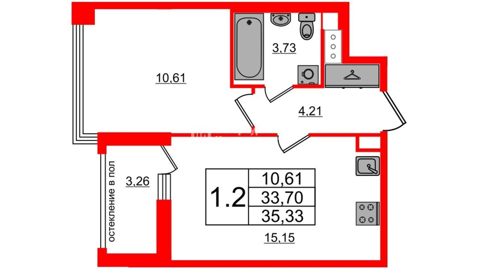 Планировка: 1-комнатная квартира, 33,7 м²