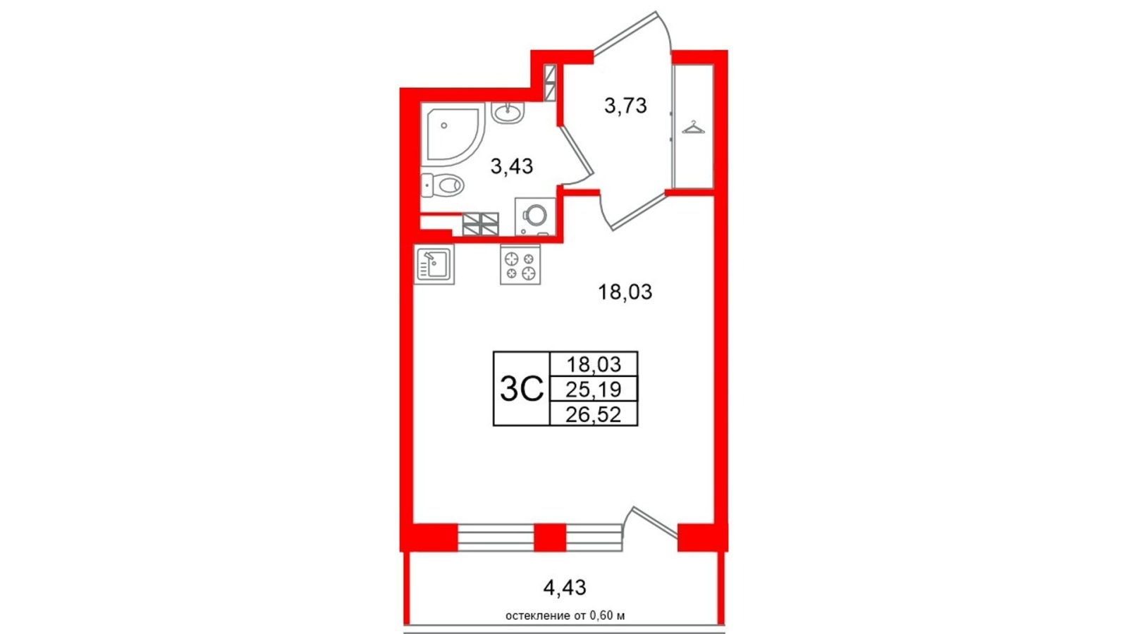 Планировка: студия, 25,2 м²