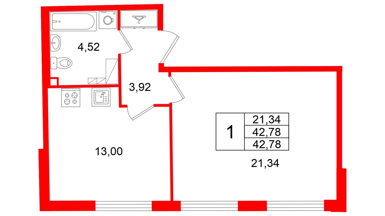 Планировка: 1-комнатная квартира, 42,8 м²