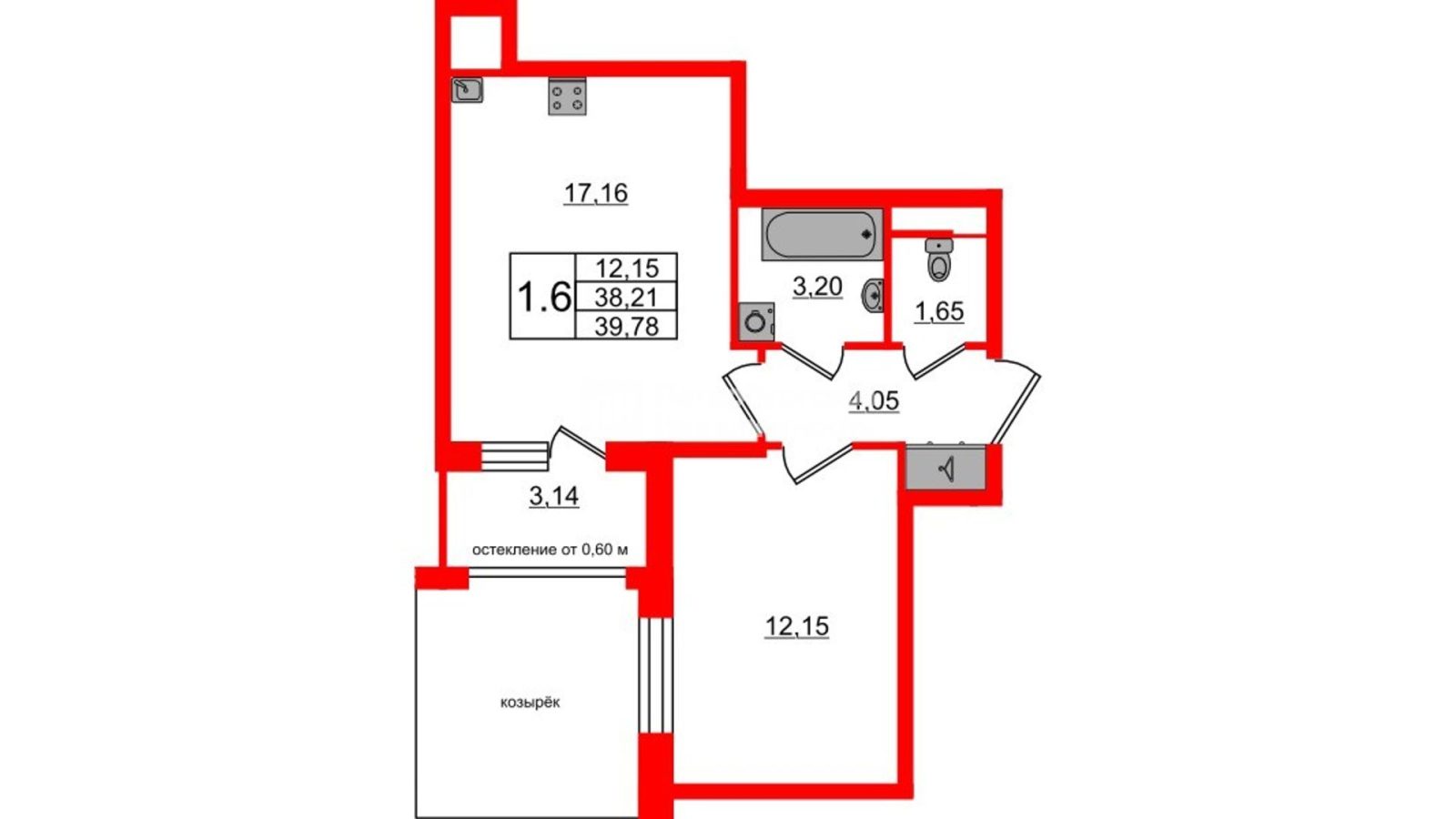 Планировка: 1-комнатная квартира, 38,2 м²