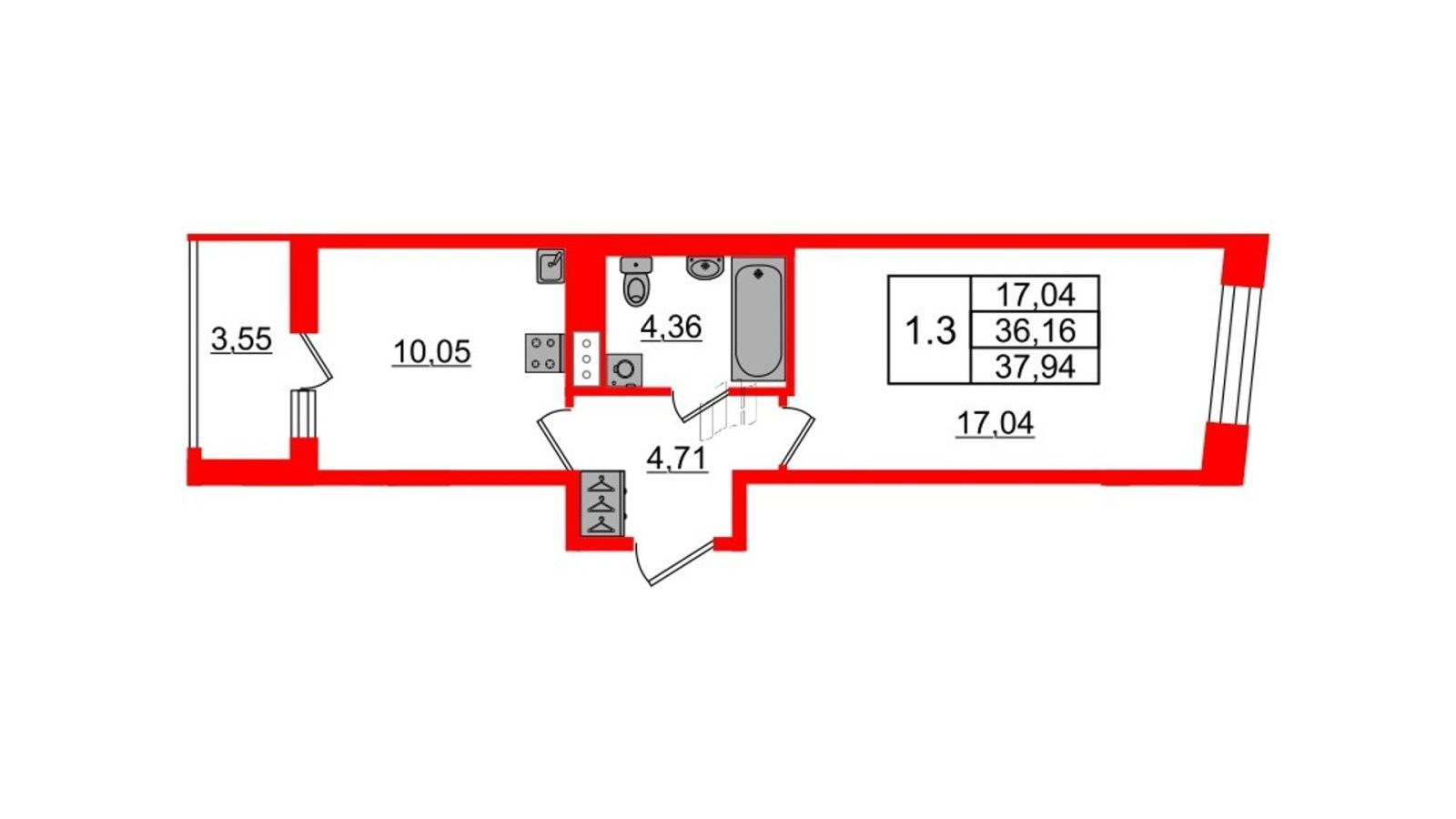 Планировка: 1-комнатная квартира, 36,2 м²