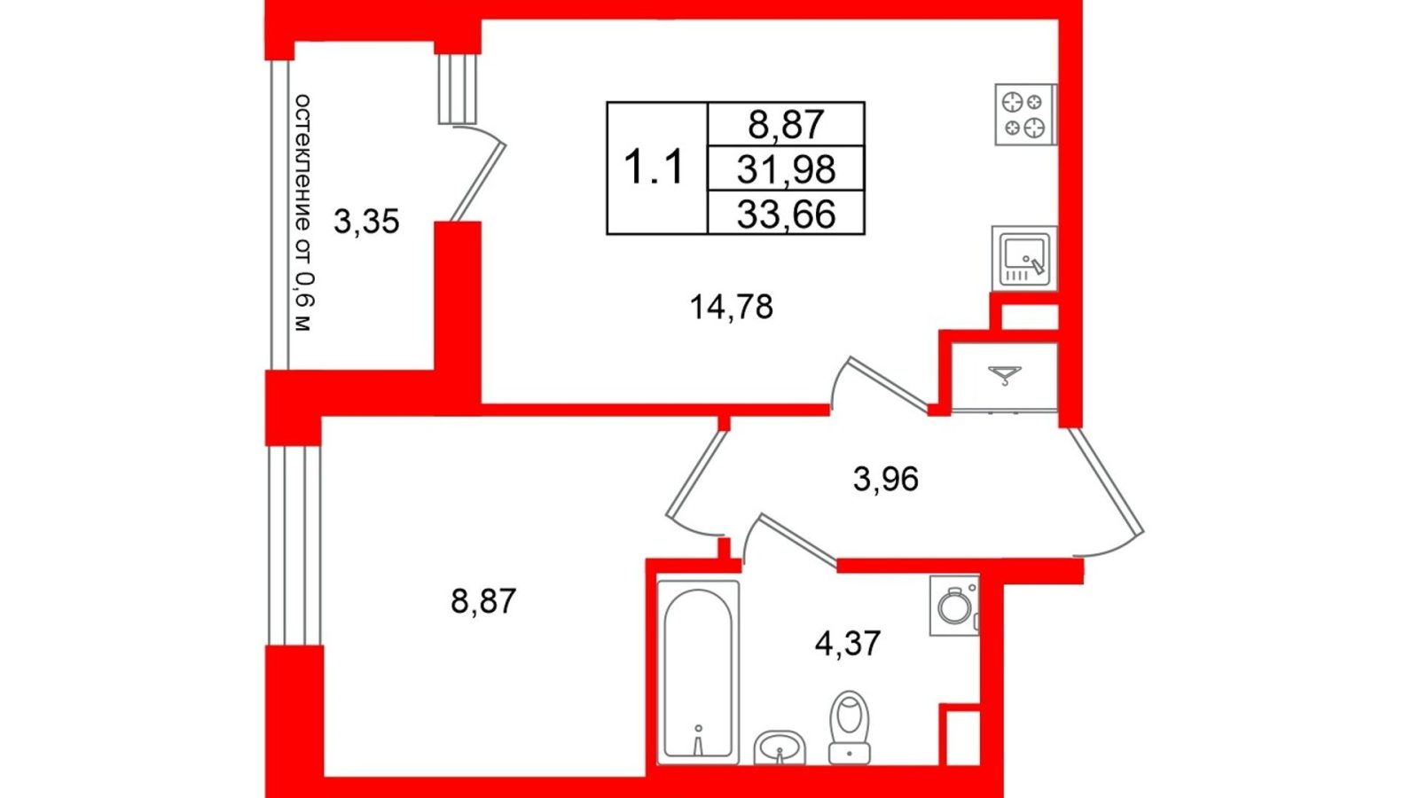 Планировка: 1-комнатная квартира, 32,0 м²