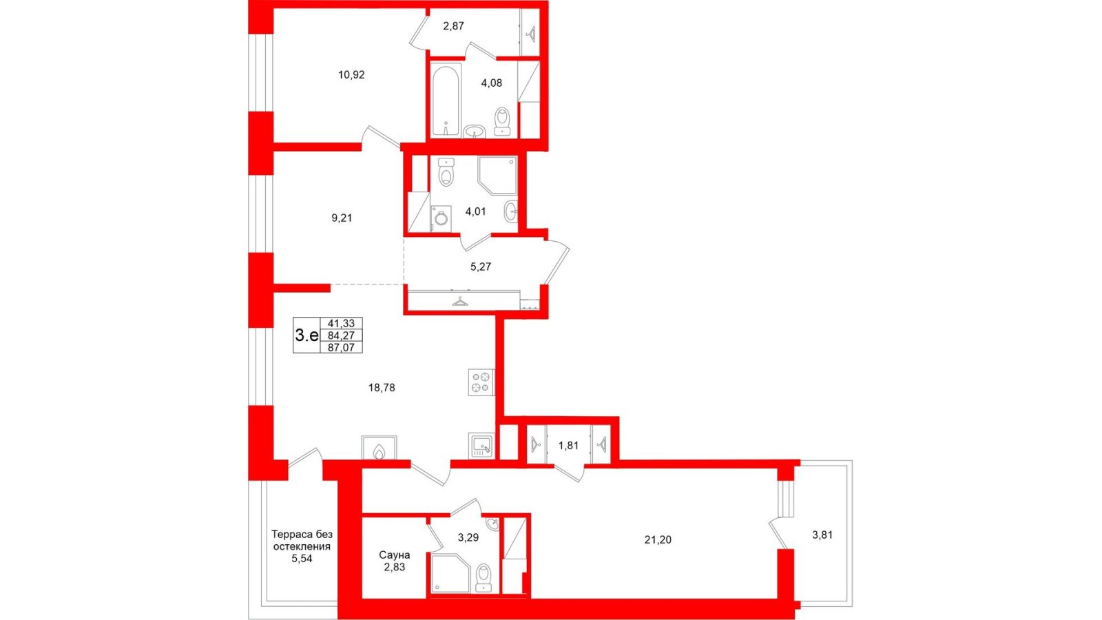 Планировка: 3-комнатная квартира, 84,3 м²