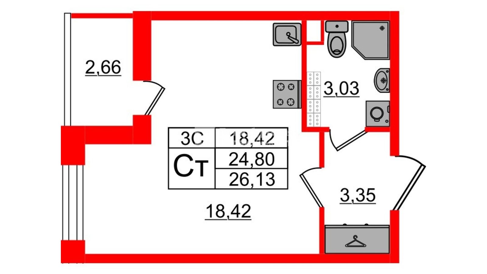 Планировка: студия, 24,6 м²