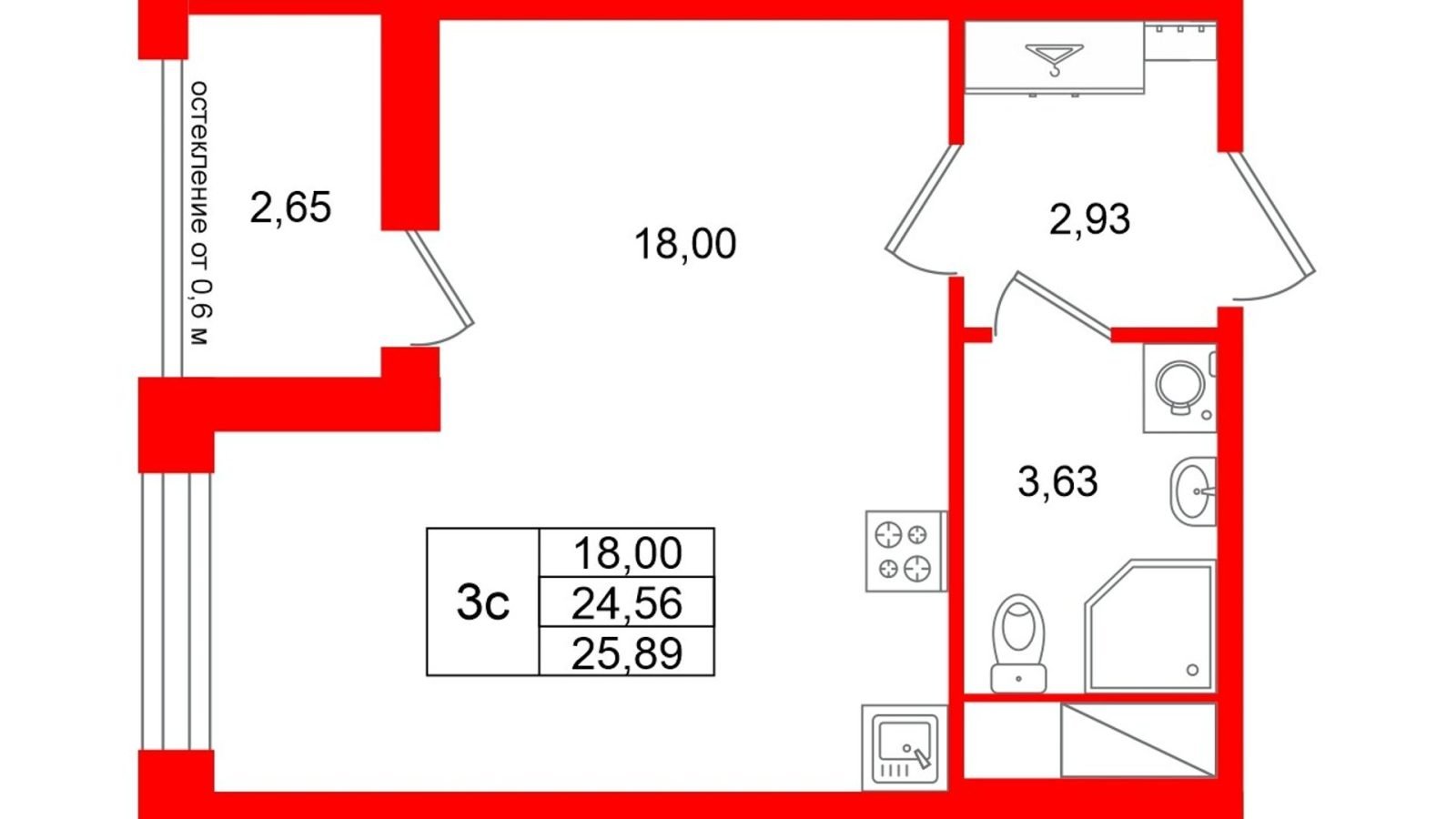 Планировка: студия, 24,6 м²