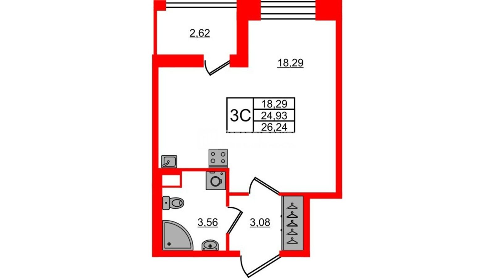 Планировка: студия, 24,9 м²