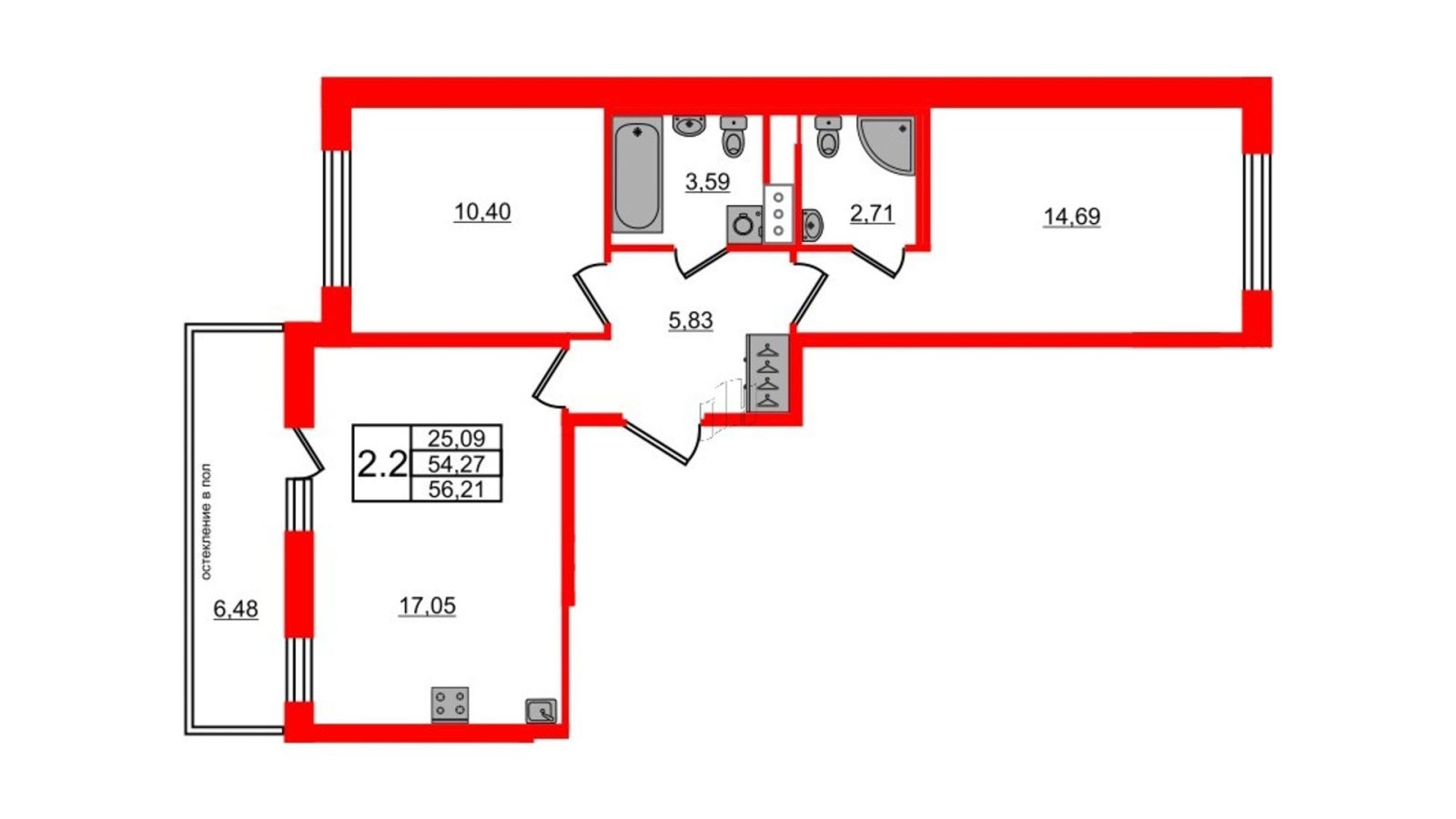 Планировка: 2-комнатная квартира, 54,3 м²