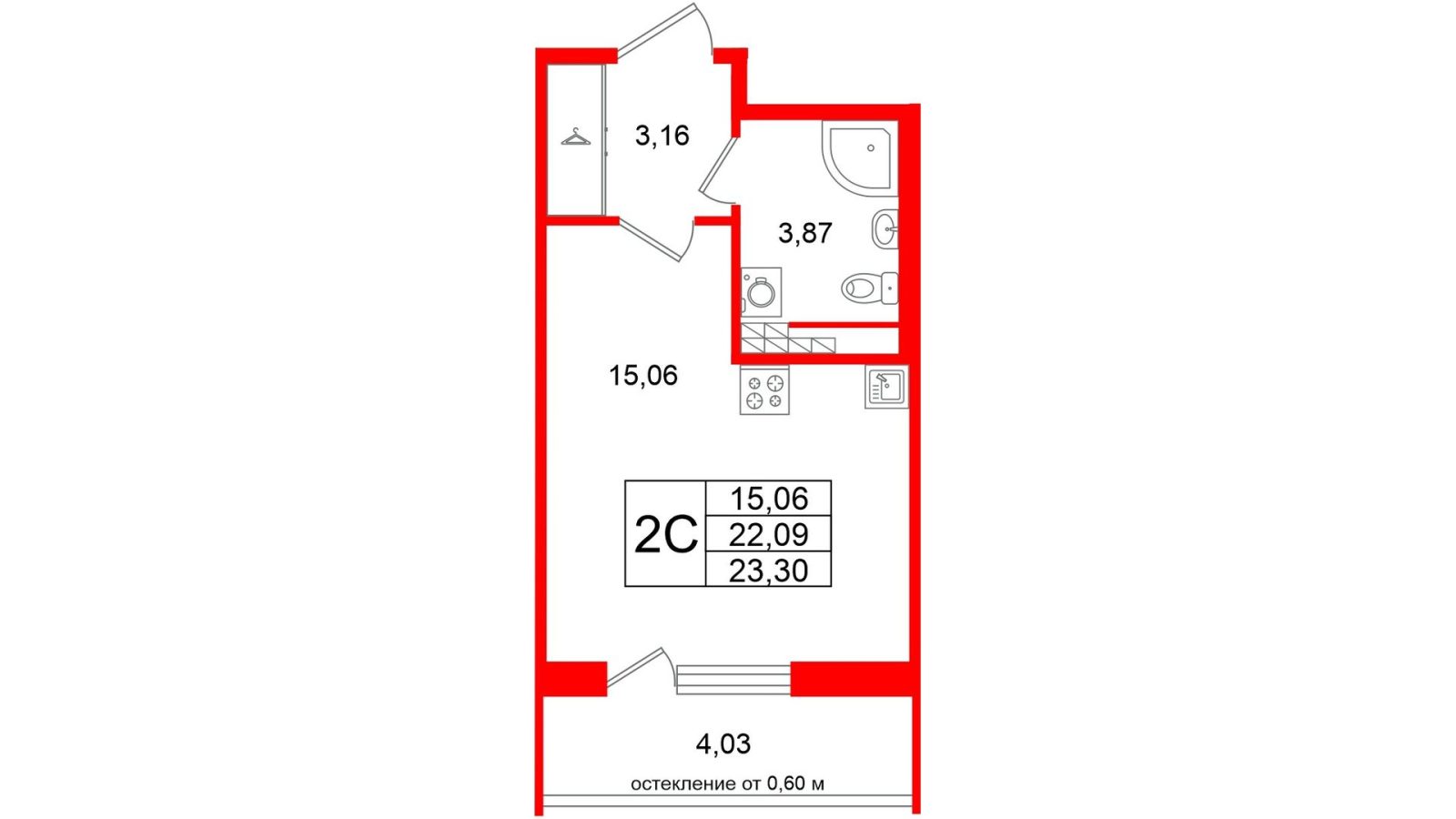 Планировка: студия, 22,1 м²