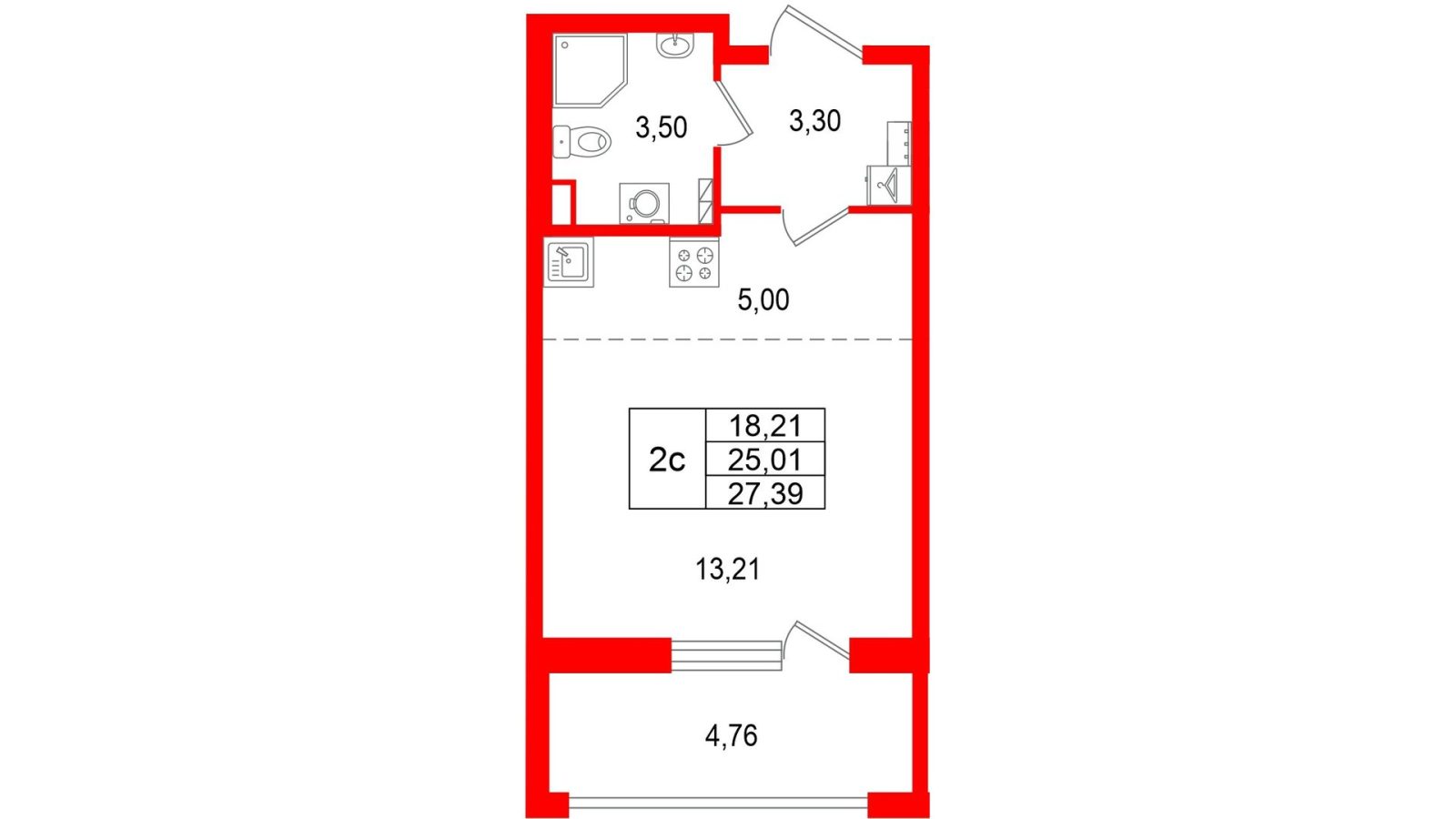 Планировка: студия, 25,0 м²