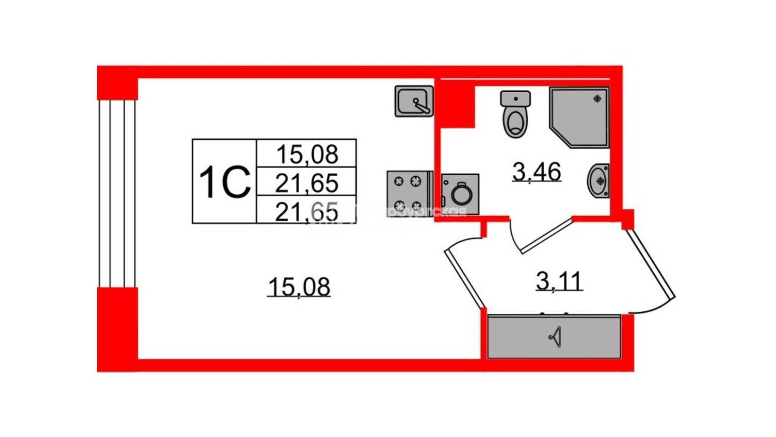 Планировка: студия, 21,7 м²