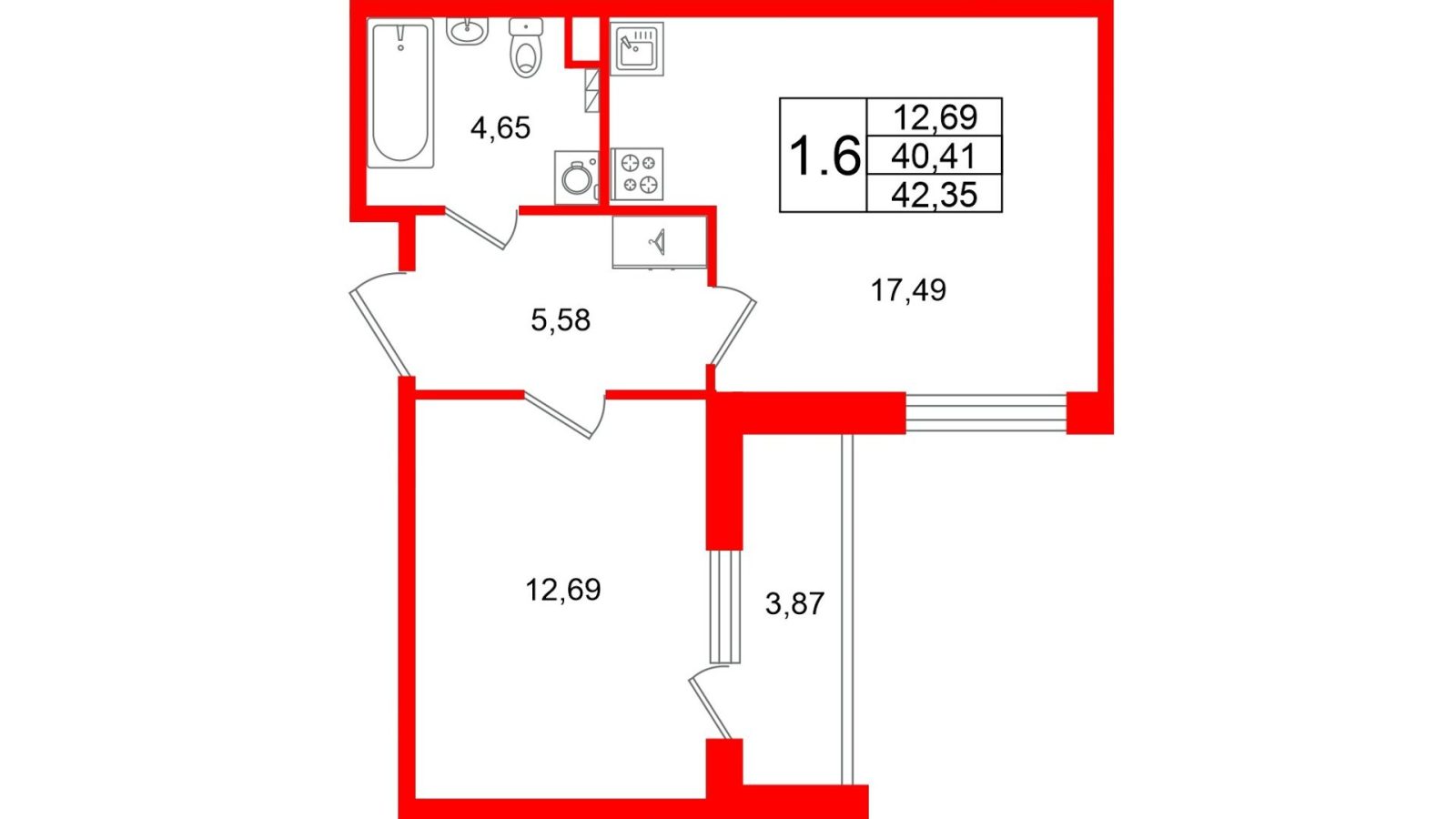 Планировка: 1-комнатная квартира, 40,4 м²