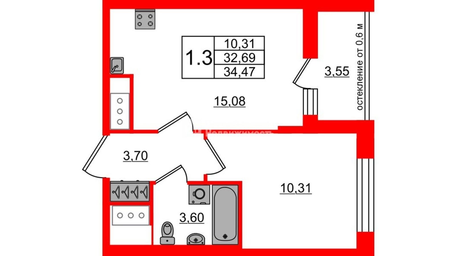 Планировка: 1-комнатная квартира, 32,7 м²