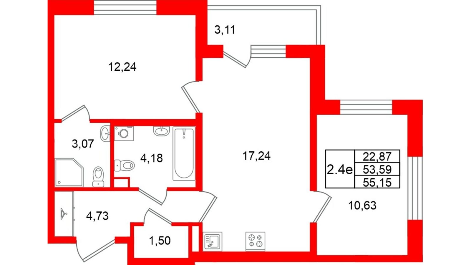 Планировка: 2-комнатная квартира, 53,6 м²
