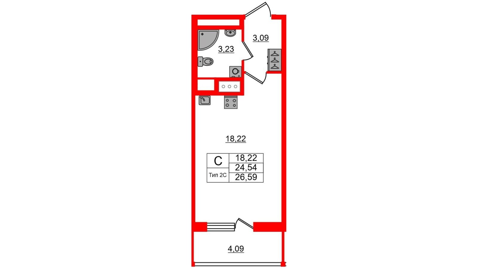 Планировка: студия, 24,5 м²