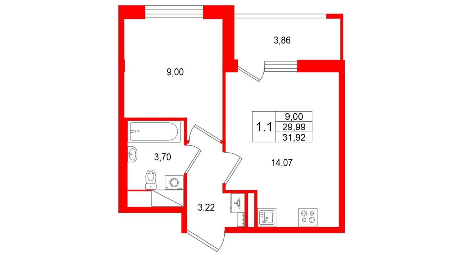 Планировка: 1-комнатная квартира, 30,0 м²