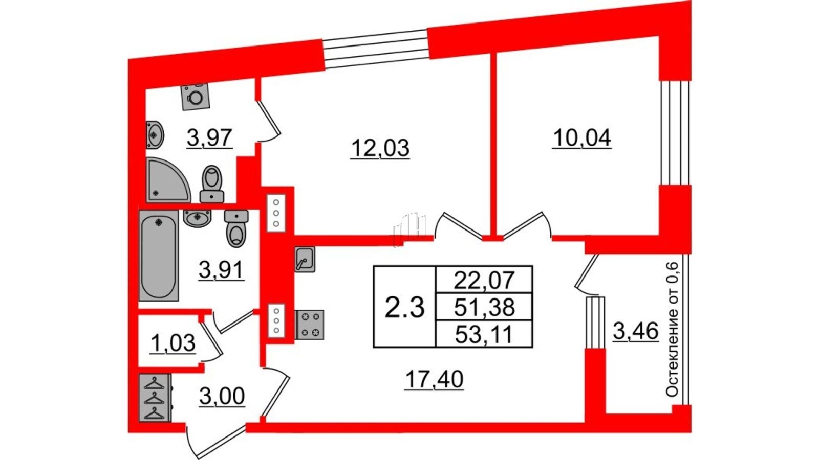 Планировка: 2-комнатная квартира, 51,4 м²
