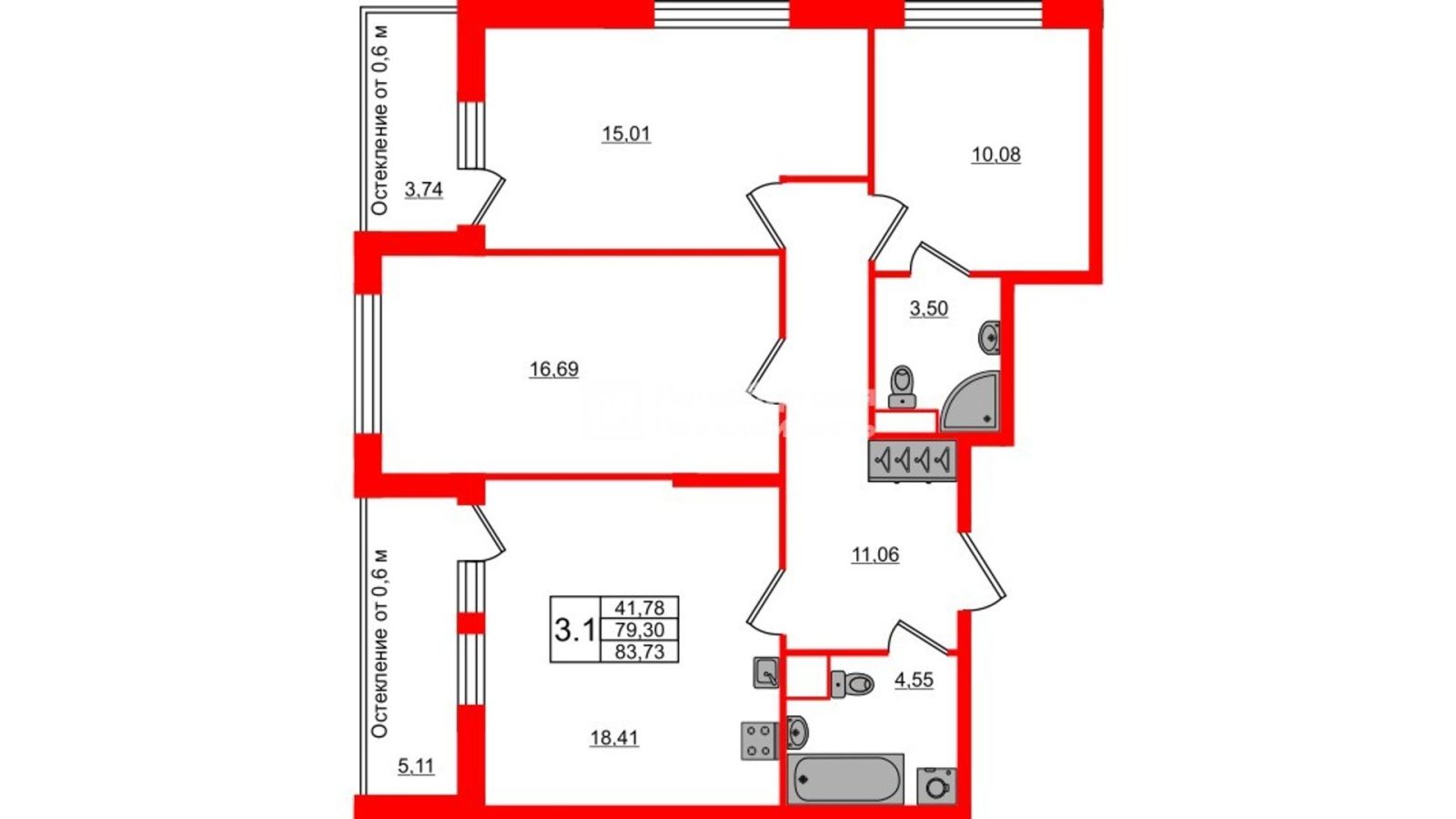 Планировка: 3-комнатная квартира, 79,3 м²