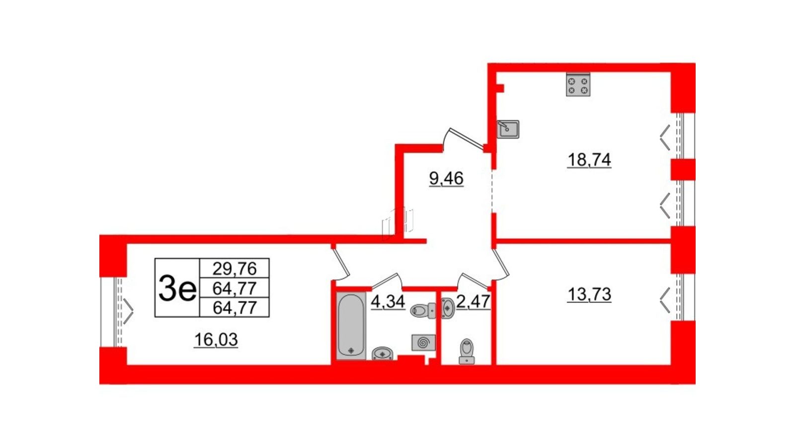 Планировка: 2-комнатная квартира, 64,8 м²