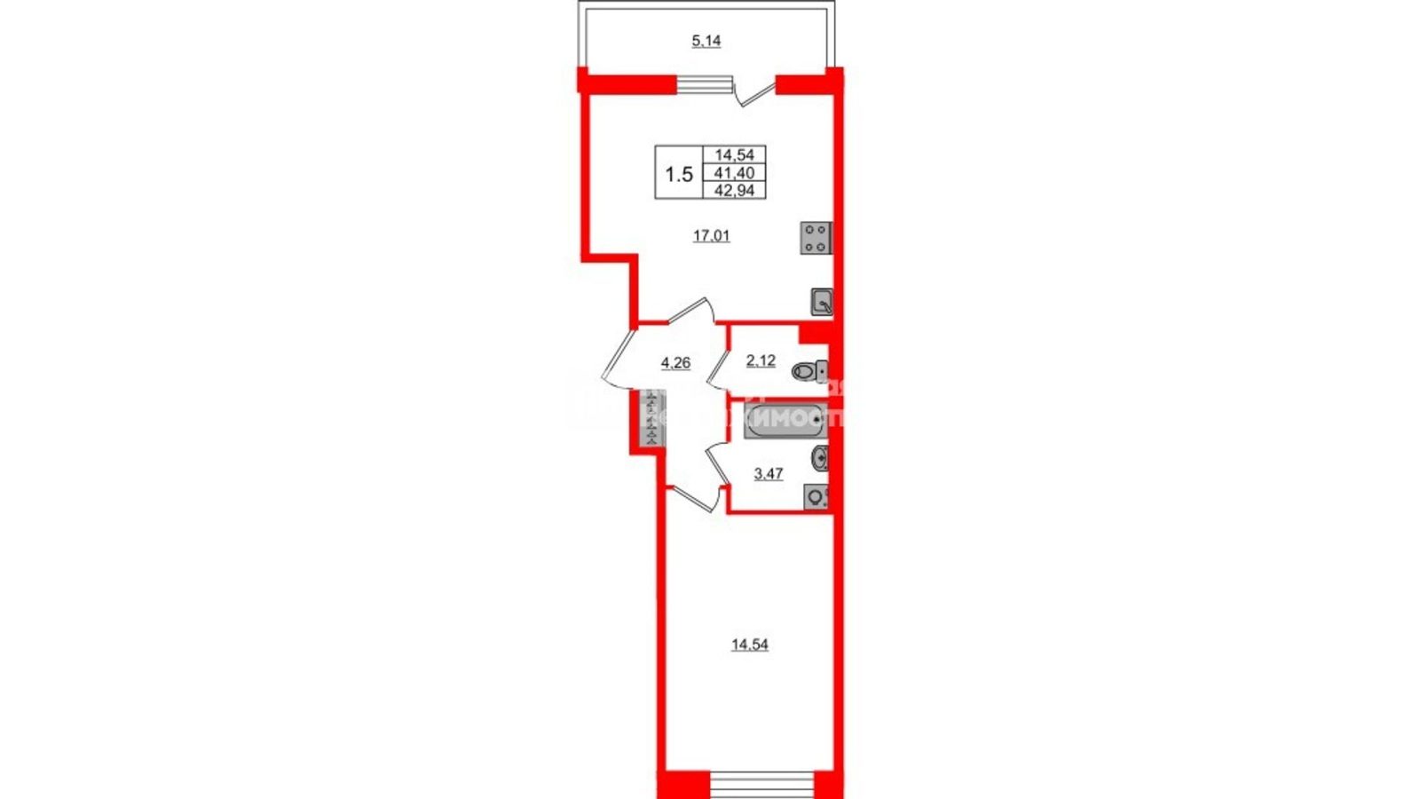 Планировка: 1-комнатная квартира, 41,4 м²