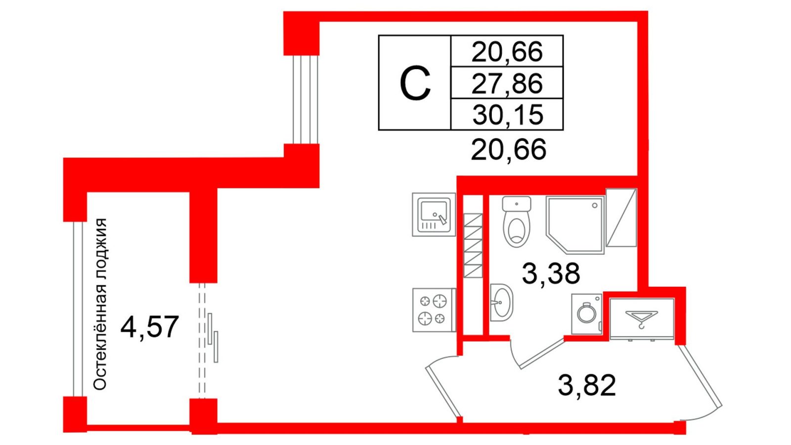 Планировка: студия, 27,9 м²