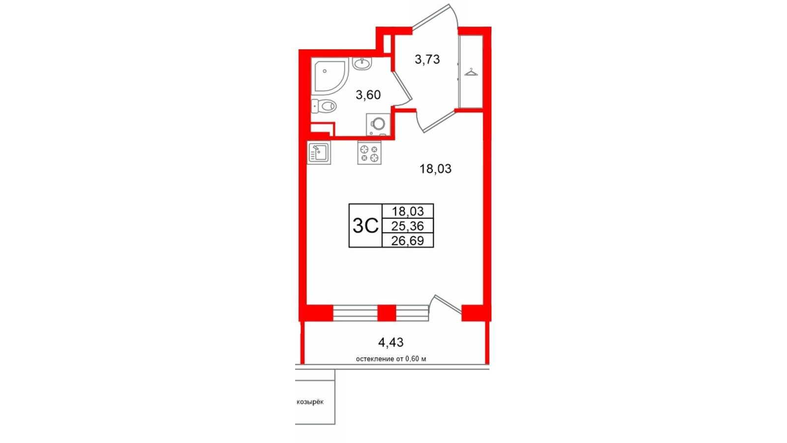 Планировка: студия, 25,4 м²
