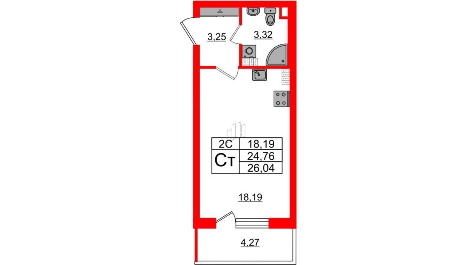Планировка: студия, 24,8 м²