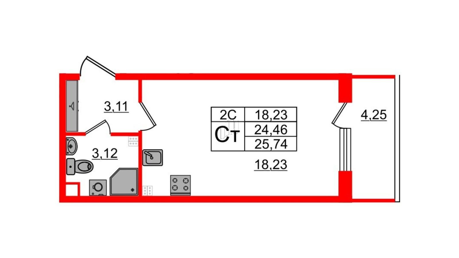 Планировка: студия, 24,5 м²
