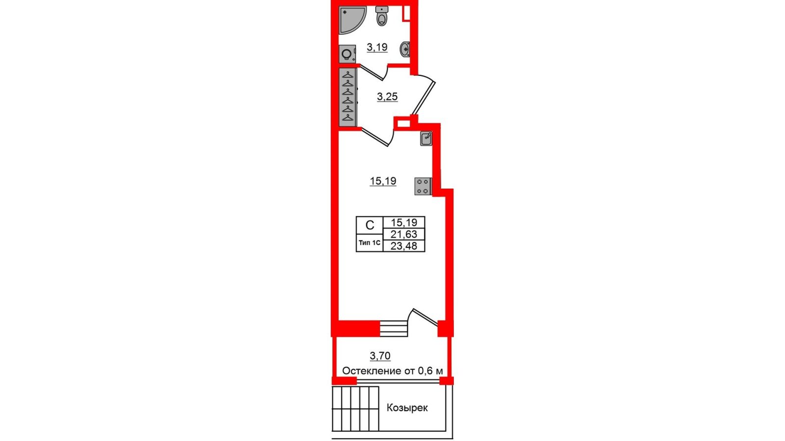 Планировка: студия, 21,6 м²