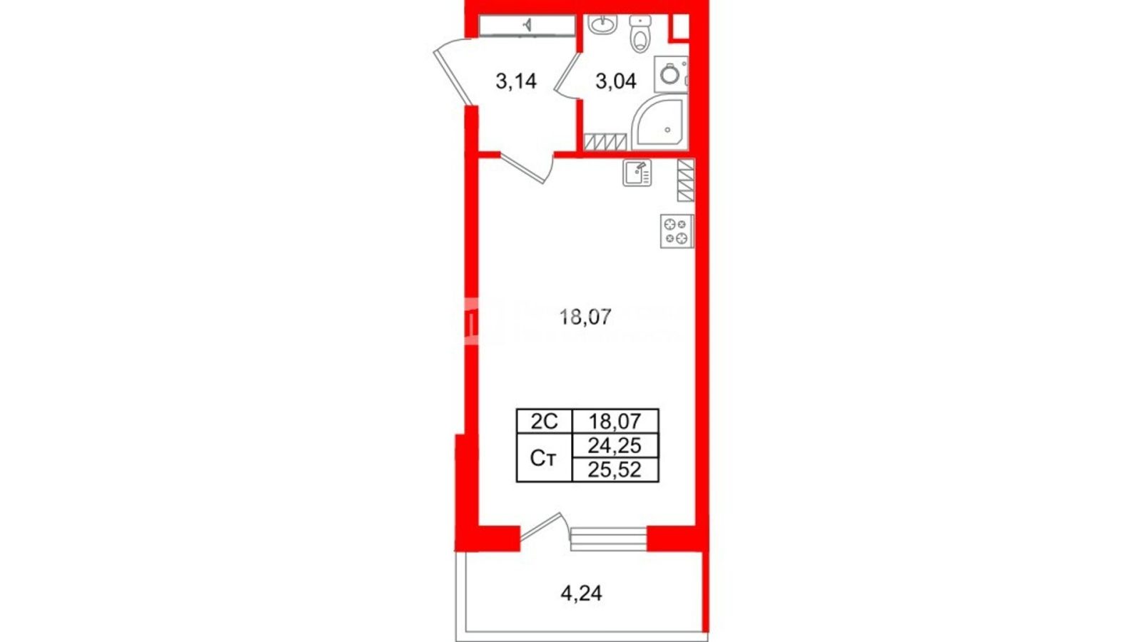 Планировка: студия, 24,3 м²