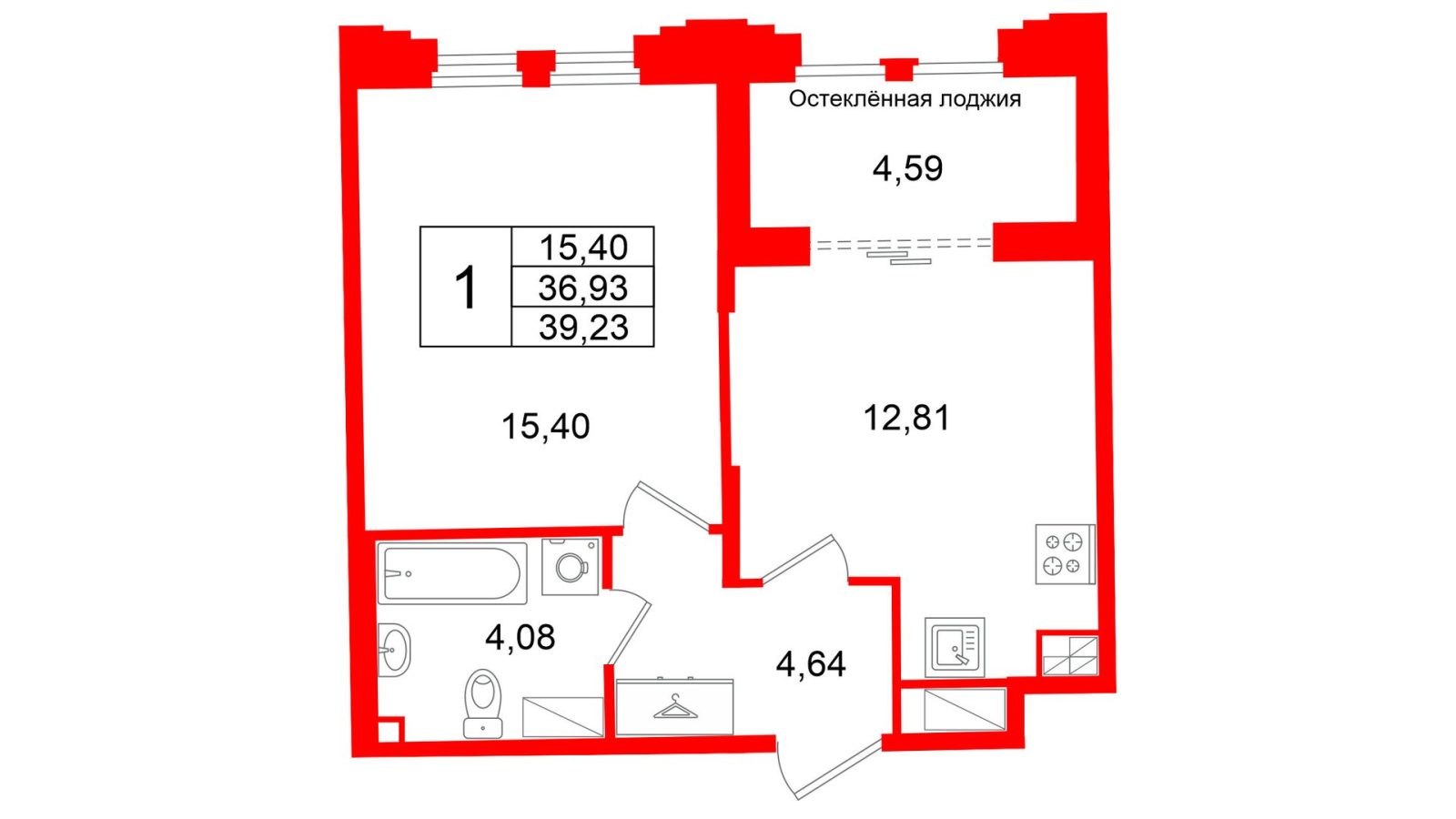 Планировка: 1-комнатная квартира, 36,9 м²