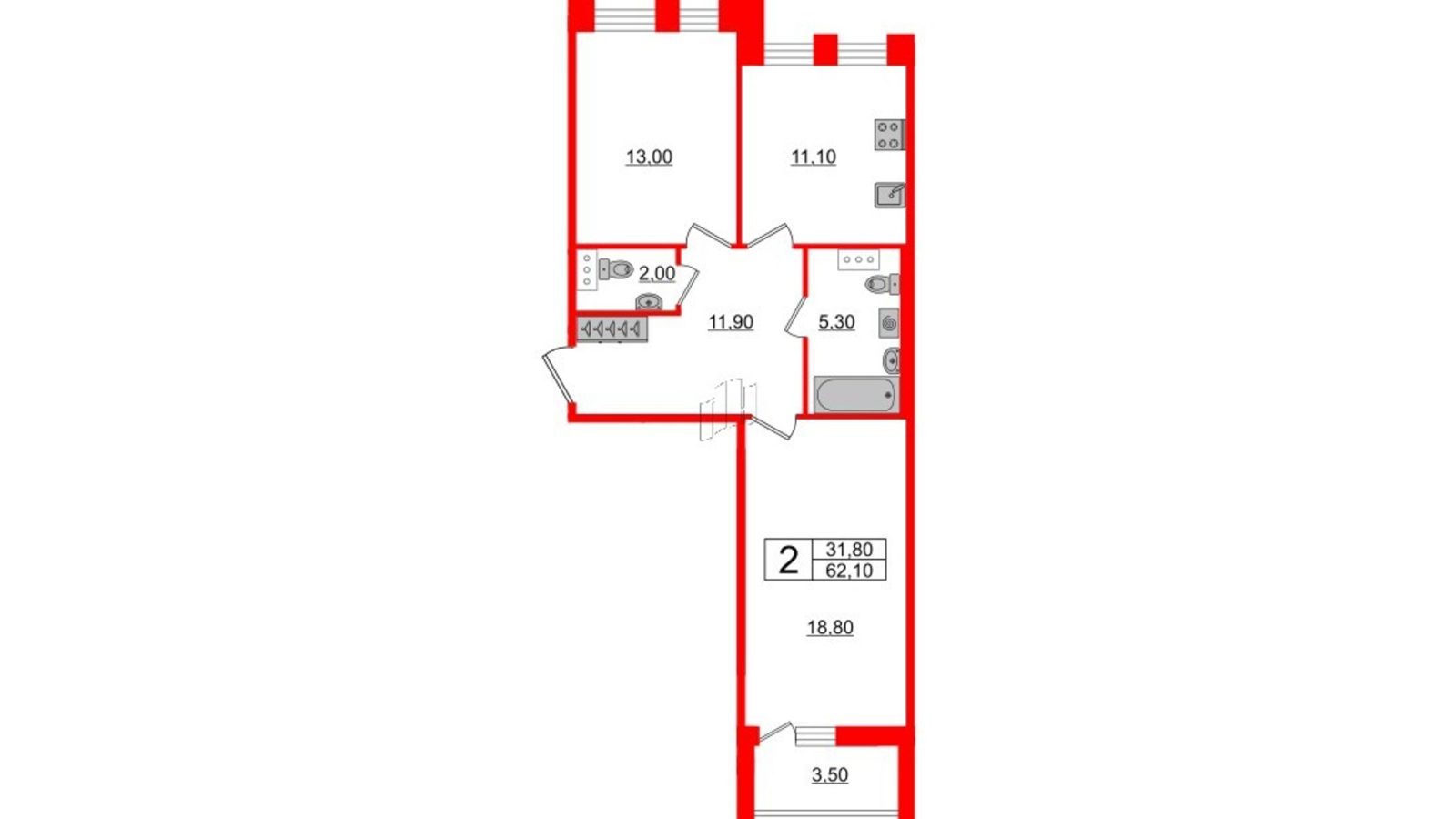 Планировка: 2-комнатная квартира, 62,1 м²