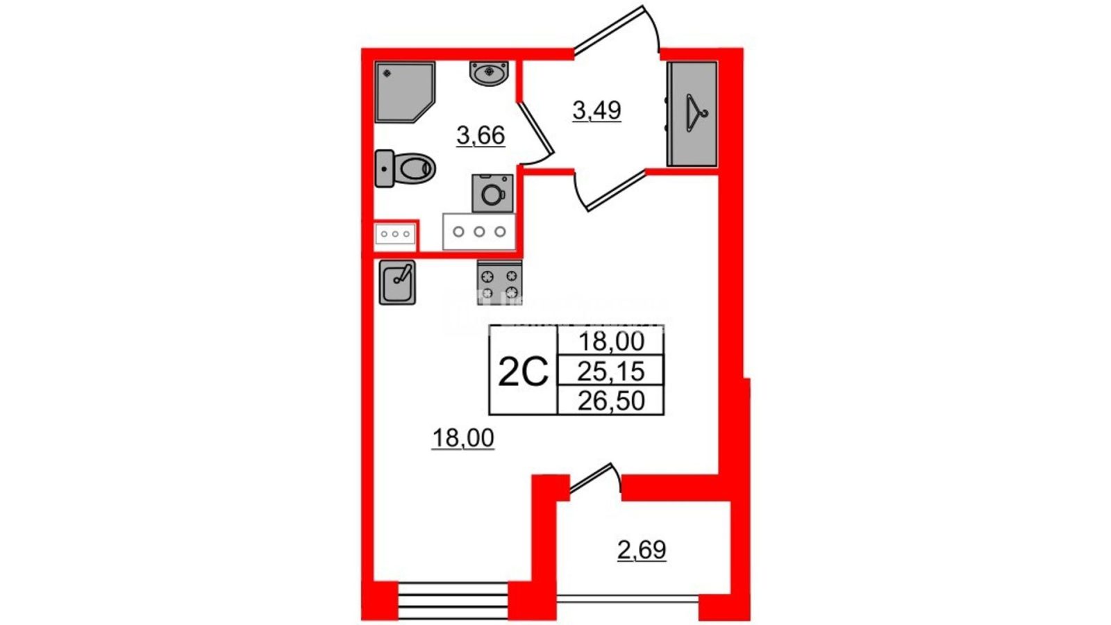 Планировка: студия, 24,8 м²